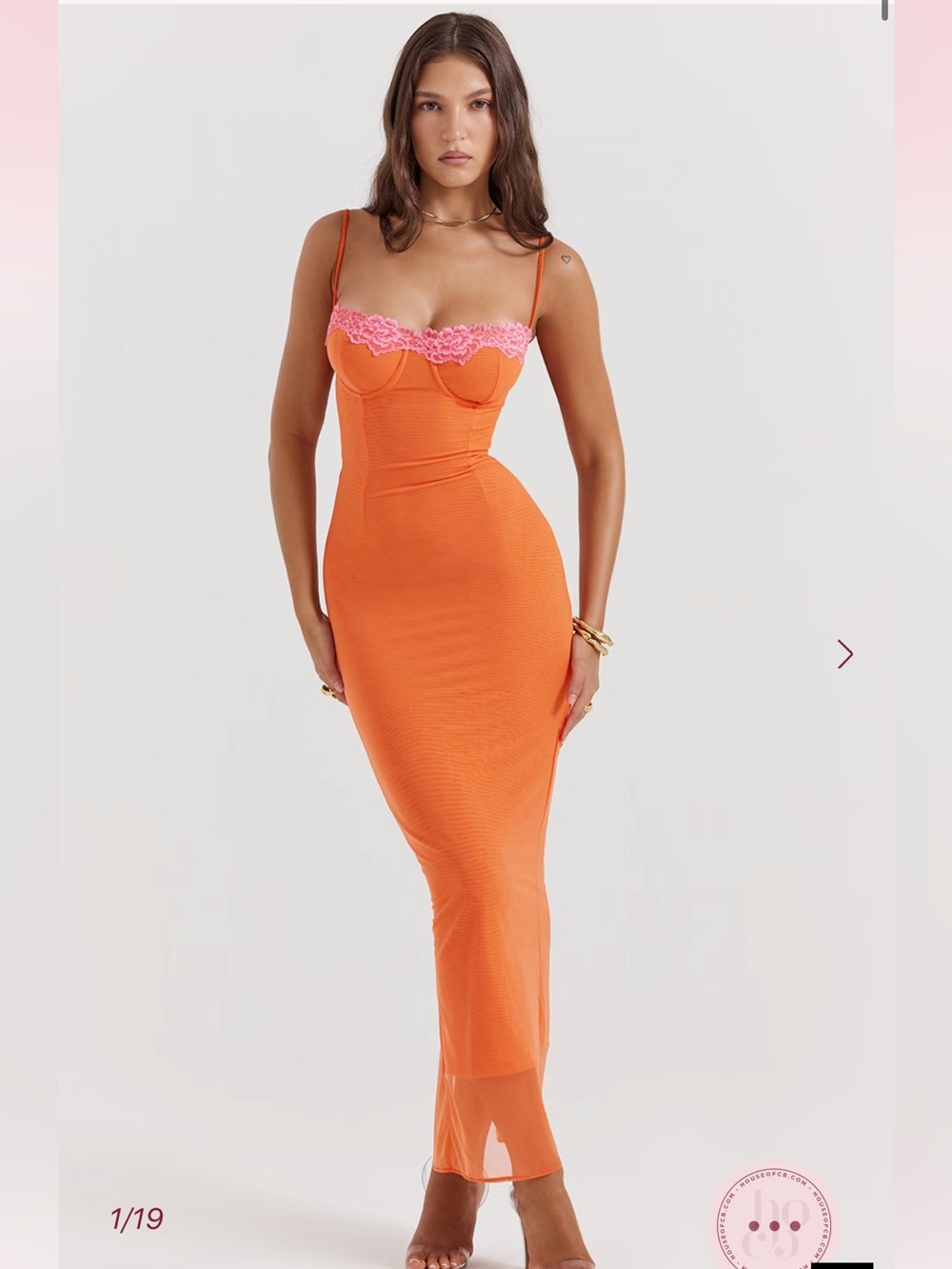 House of CB Orange Maxi Dress with Pink Lace Trim